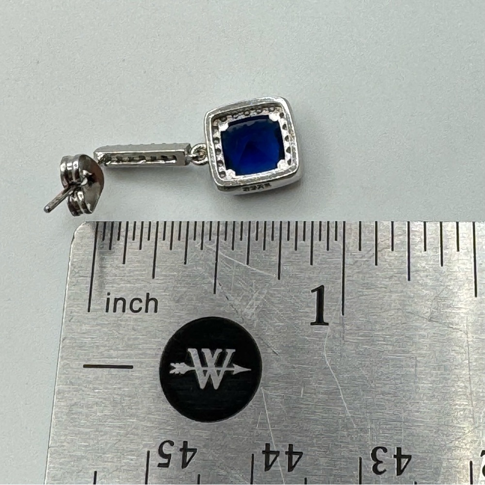 Silver Blue Crystal Drop Earrings Square Halo Dangle Elegant New - Picture 5 of 9